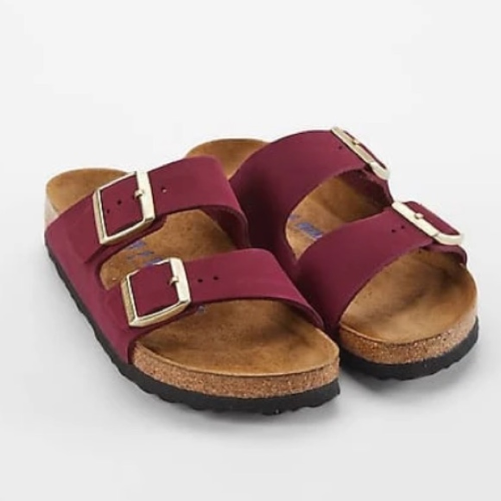 New Birkenstock® Arizona Soft Footbed Sandals, maroon, size 39, never worn